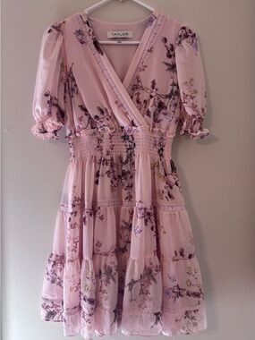 Taylor Floral Tiered Mini Dress Pink Smocked Waist Lace Trim Puff Sleeve Size 2